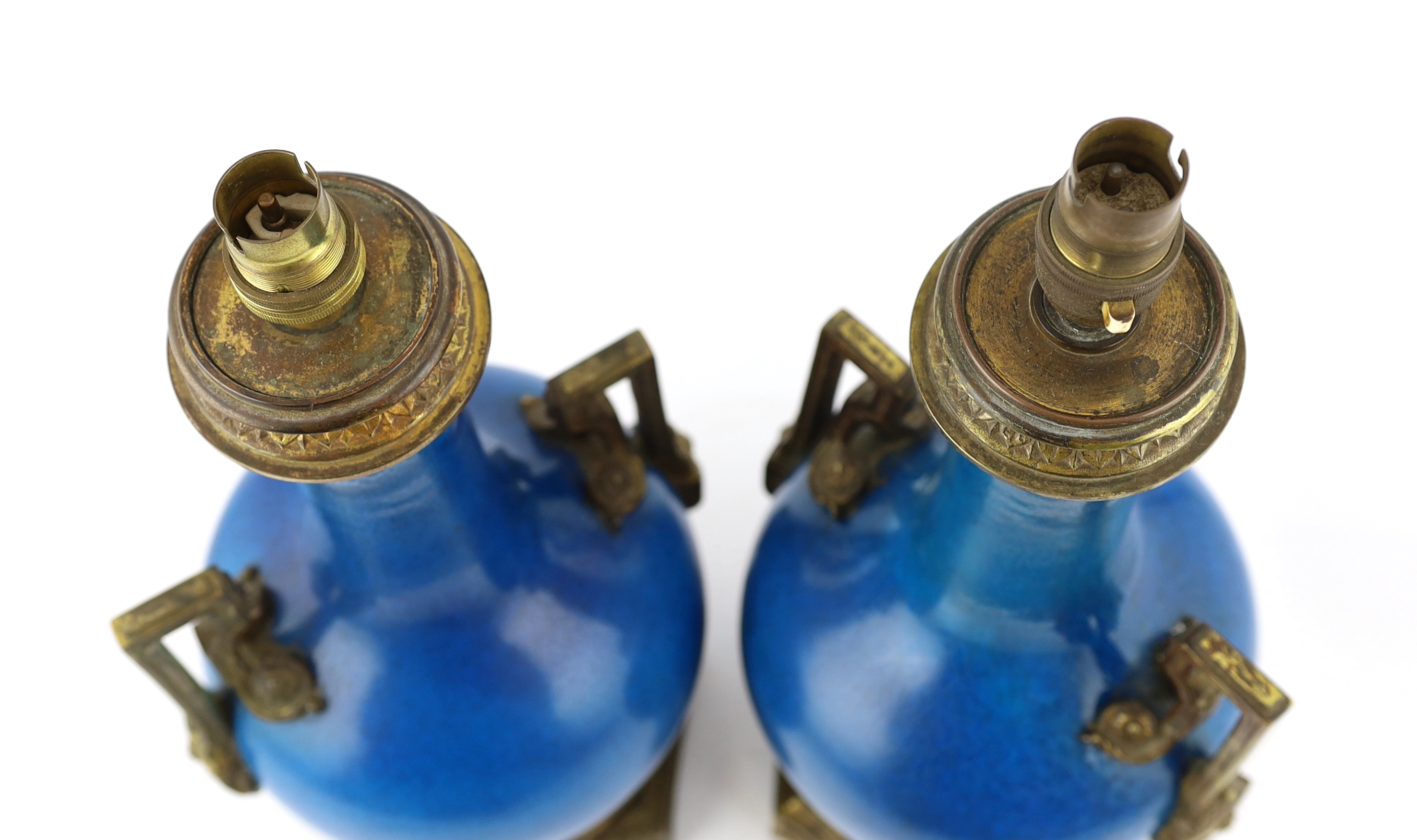A pair of Chinese or Japanese turquoise-glazed bottle vases with Louis XVI style ormolu lamp mounts, late 19th century